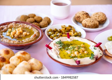 Arabic breakfast table full of tasty dishes