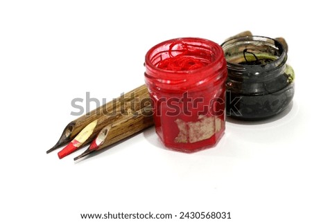 Arabic calligraphy tools, Isolated with white background, the ancient and ancient art of Arabic calligraphy, Arabic calligraphy pen and inkwell