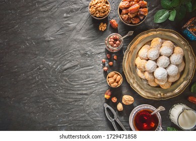 Arabic Cuisine; Cookies For Celebration Of El-Fitr Islamic Feast(The Feast That Comes After Ramadan). Top View With Copy Space.