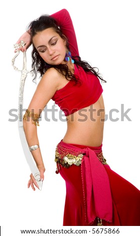 arabic dancer with a metal sword isolated over a white background