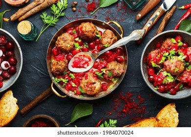 Arabic Food Lamb Kufta Spiced With Saffron.Appetizing Lamb Meatballs