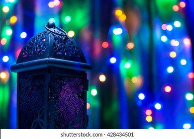 Arabic Lantern On Colorful Light Background. Ramadan, Eid Concept  