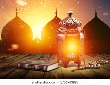 Arabic Lantern On The Desk With A Book And Beads, Ramadan Kareem Background