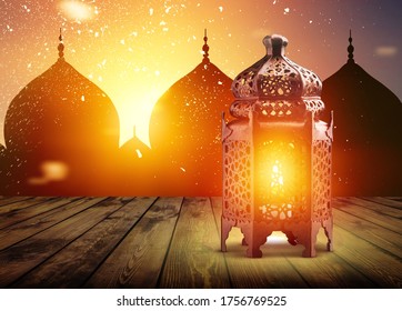 Arabic Lantern On The Desk, Ramadan Kareem Background