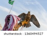 Arabic man from Saudi Arabia wears traditional clothes and holding trained falcon