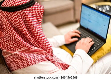 Arabic Man From Saudi Arabia Working At Home To Protect Him Self From The Viruses Pandemic COVID-19 