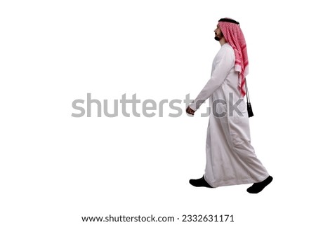Arabic man walking sideways isolated white background in traditional costume. Ready for cutting and editing