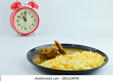 Arabic Meal Rice With Chicken Or Nasi Arab Dishes Isolated On A White Background. It Is Also Arabic Version Of Nasi Briyani Is A Middle Eastern Cuisine Famous Worldwide, Even In Malaysia. Lunch Time.