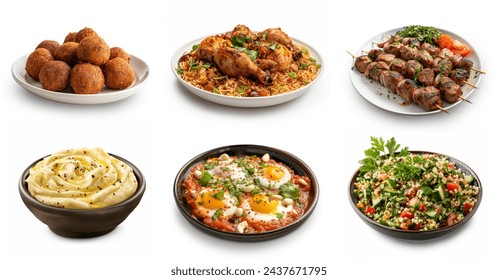 Arabic, Middle eastern food set collection. Falafel, mandi, seekh kebab, hummus, menemen, tabbouleh salad. Ramadan, Arabic iftar food set isolated on white background. 