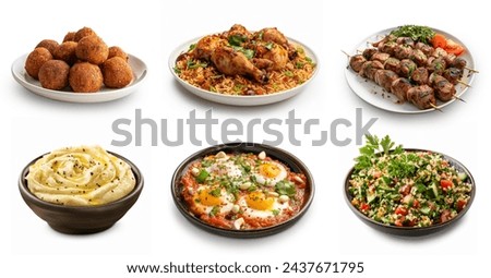 Arabic, Middle eastern food set collection. Falafel, mandi, seekh kebab, hummus, menemen, tabbouleh salad. Ramadan, Arabic iftar food set isolated on white background. 