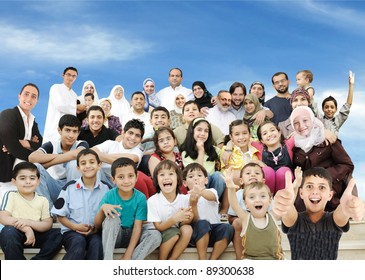 Arabic Muslim Portrait Of Very Big Family Group With Many Members, 3 Generations