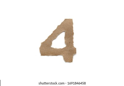Arabic number symbol isolated over white background. English flat brown torn paper number 4