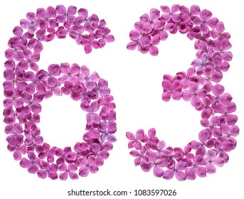 Arabic numeral 63, sixty three, from flowers of lilac, isolated on white background - Shutterstock ID 1083597026