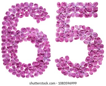 Arabic numeral 65, sixty five, from flowers of lilac, isolated on white background - Shutterstock ID 1083596999