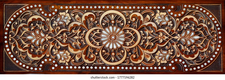 Arabic Patterns Carved From Wood On The Door. Eastern Architectural Design.