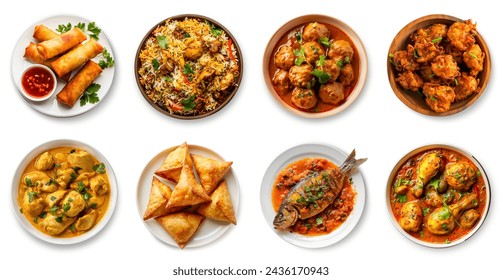 Arabic Ramadan foods collection, top view. fried rolls, chicken biryani, kofta, pakora, korma, butter chicken, chicken curry, samosa, fish curry. Ramadan Kareen Iftar food Dishes set isolated.