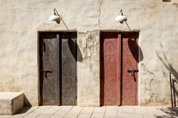 Arabic Style Carved Wooden Doors In Al Fahidi Historical District, Deira, Dubai, United Arab Emirates. 