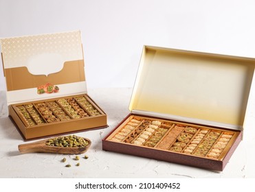 Arabic Sweets or Desserts arabic baklava
Middle East and Arabic desserts, Ramadan sweets (konafa and Baklava) decorated in a gift box
 - Shutterstock ID 2101409452