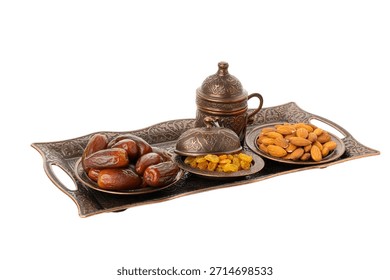 Arabic tray of dates, nuts, and dried fruits, isolated, PNG