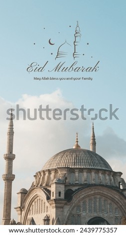 Arabic Typography Eid Mubarak Eid Al-Adha Eid Saeed , Eid Al-Fitr text Calligraphy , Mobile and social media design with mosque and crescent