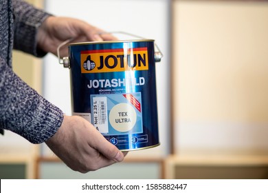 Arad, Romania - 10 March 2019 - A Bucket Of Jotun Paint For Exterior And Interior - Hight Peromance Colurs - No. 1 In Paints. Company Logo.