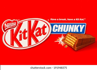 ARAD, ROMANIA - April 8, 2012: The name Kit Kat Chunky printed on cardboard box. Kit Kat Chunky is a chocolate-coated wafer confection produced by Nestle. Studio shot.