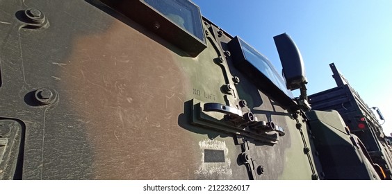 Arad,  Romania - February 12 2022: US Army Vehicle Convoy The Way To Military Maneuvers In Romania