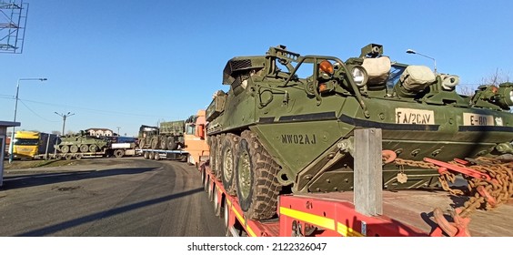 Arad,  Romania - February 12 2022: US Army Vehicle Convoy The Way To Military Maneuvers In Romania