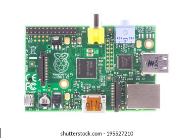 ARAD, ROMANIA - May 28, 2014: Raspberry Pi Model-B Rev2. The Raspberry Pi Is A Credit-card-sized Single-board Computer Developed In The UK By The Raspberry Pi Foundation. Studio Shot.