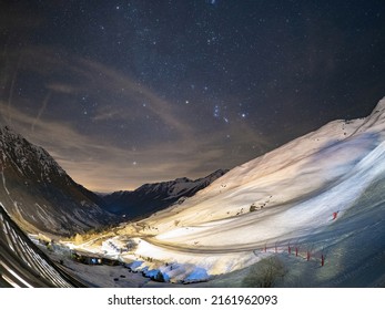 Aragnouet, France - January 3, 2022: View Of The Piau Engaly Ski Resort Facing East, Under A Starry Sky.