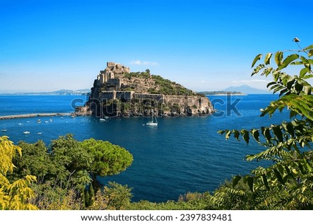 Aragonese Castle, Island Ischia, Campania, Italy, Europe.
Island Procida and mainland Italy in the background. 