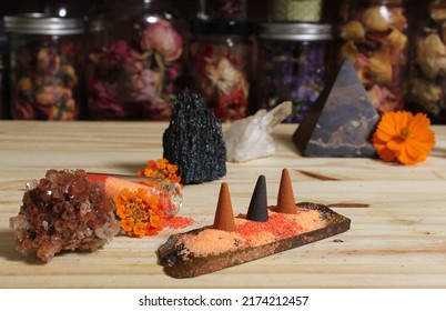 Aragonite Crystal With Incense And Stone Pyramid Meditation Altar 