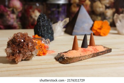 Aragonite Crystal With Incense And Stone Pyramid Meditation Altar 