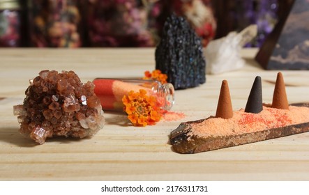 Aragonite Crystal With Incense And Stone Pyramid Meditation Altar 