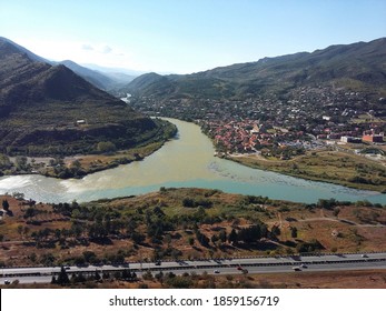 Aragvi And Kura Rivers Merging Near City Of Mtskheta In Georgia Republic