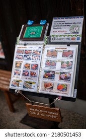 ARASHIYAMA, JAPAN - DEC 7, 2018: Japanese Sushi Menu In Front Of The Restaurant In Old Town Of Arashiyama, Sushi Is One Of Most Popular Traditional Food Of Japan