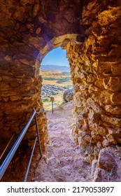 Arbel, Israel - July 16, 2022: View Of Remains Of An Ottoman Fortress On A Cliff, And Warning Sign, In Mount Arbel National Park, Northern Israel