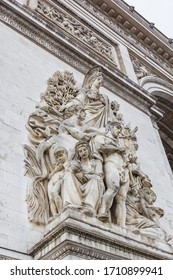 Arc De Triomp With Elements Of Sculptures Designed By Jean Chalgrin In 1806 On Place De Gaulle In Paris, France