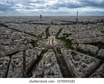 Arc De Triomphe Aerial Drone Photo, Paris, Cloudy, Eiffel Tower Behind