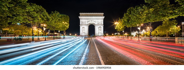 Arc De Triomphe And Champs Élysée Panorama At Night, Paris, France