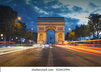 Arc de Triomphe. Image of the iconic Arc de Triomphe in Paris city during twilight blue hour.