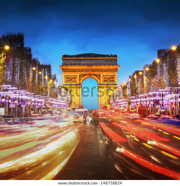Photo De Stock De Arc De Triomphe Paris Au Coucher Modifier