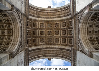 The Arc de Triomphe in Paris as seen from under the arc.