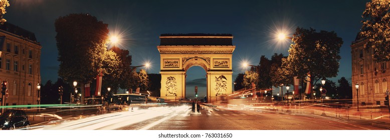 Arc De Triomphe And Street View Panorama At Night In Paris, France.