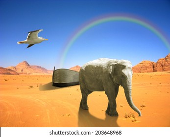 Arc Of Noah With Elephant And Bird In Desert With Rainbow