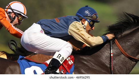 ARCADIA, CA - FEB 10: Meet-leading Jockey Rafael Bejarano Races Toward A Second-place Finish In The 1st Race At Santa Anita Park On Feb 10, 2010 In Arcadia, CA.