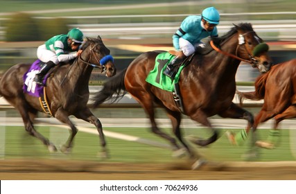 ARCADIA, CA - FEB 5: Jockeys Storm Down The Homestretch In A Maiden Race At Santa Anita Park On Feb 5, 2011 In Arcadia, CA.