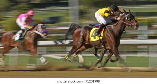 ARCADIA, CA - FEB 5: Jockeys Storm Down The Homestretch In A Claiming Race At Santa Anita Park On Feb 5, 2011 In Arcadia, CA.