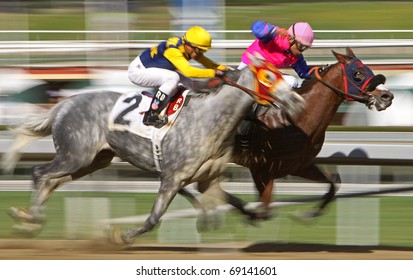 ARCADIA, CA - JAN 15: Jockeys Abel Cedillo And Rafael Bejarano Compete In A Claiming Race At Santa Anita Park On Jan 15, 2011 In Arcadia, CA.