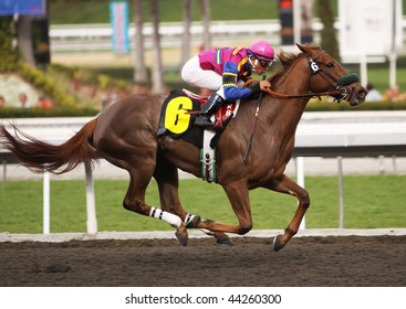 ARCADIA, CA - JANUARY 9: Jockey Rafael Bejarano Guides 3 Year-old Filly, Extra Energy, To Her First Win At Santa Anita Park On Jan 9, 2010 In Arcadia, CA